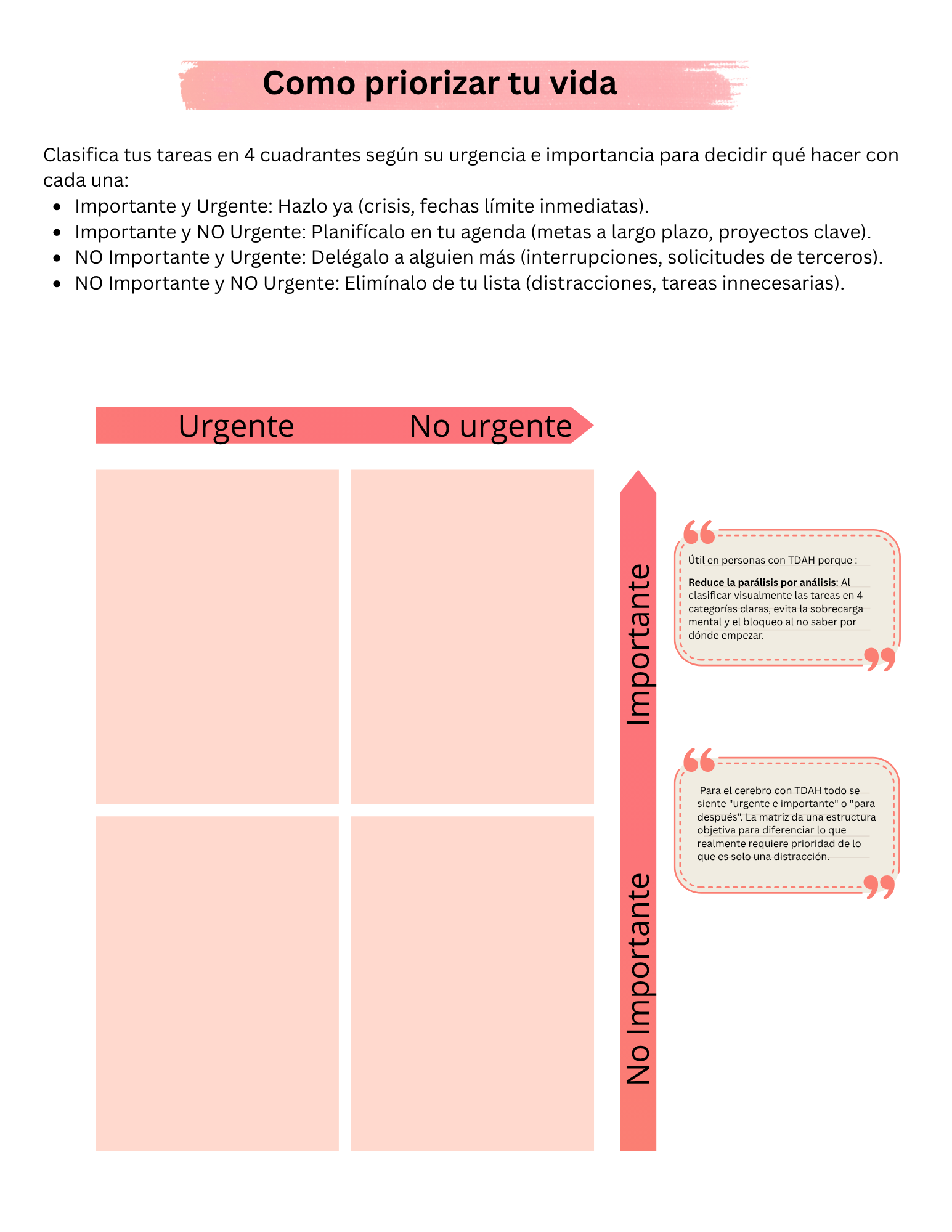 Plantilla para priorizar tu vida con matriz de urgencia e importancia