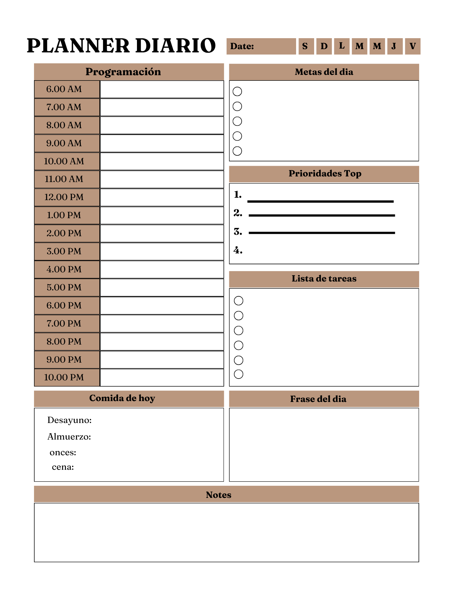 Planner diario con programación por horas y lista de tareas
